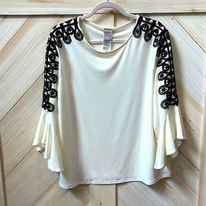 Chico’s Cream Blouse Sz 2 (12/L) with Black Embroidered 3/4 ruffle sleeve